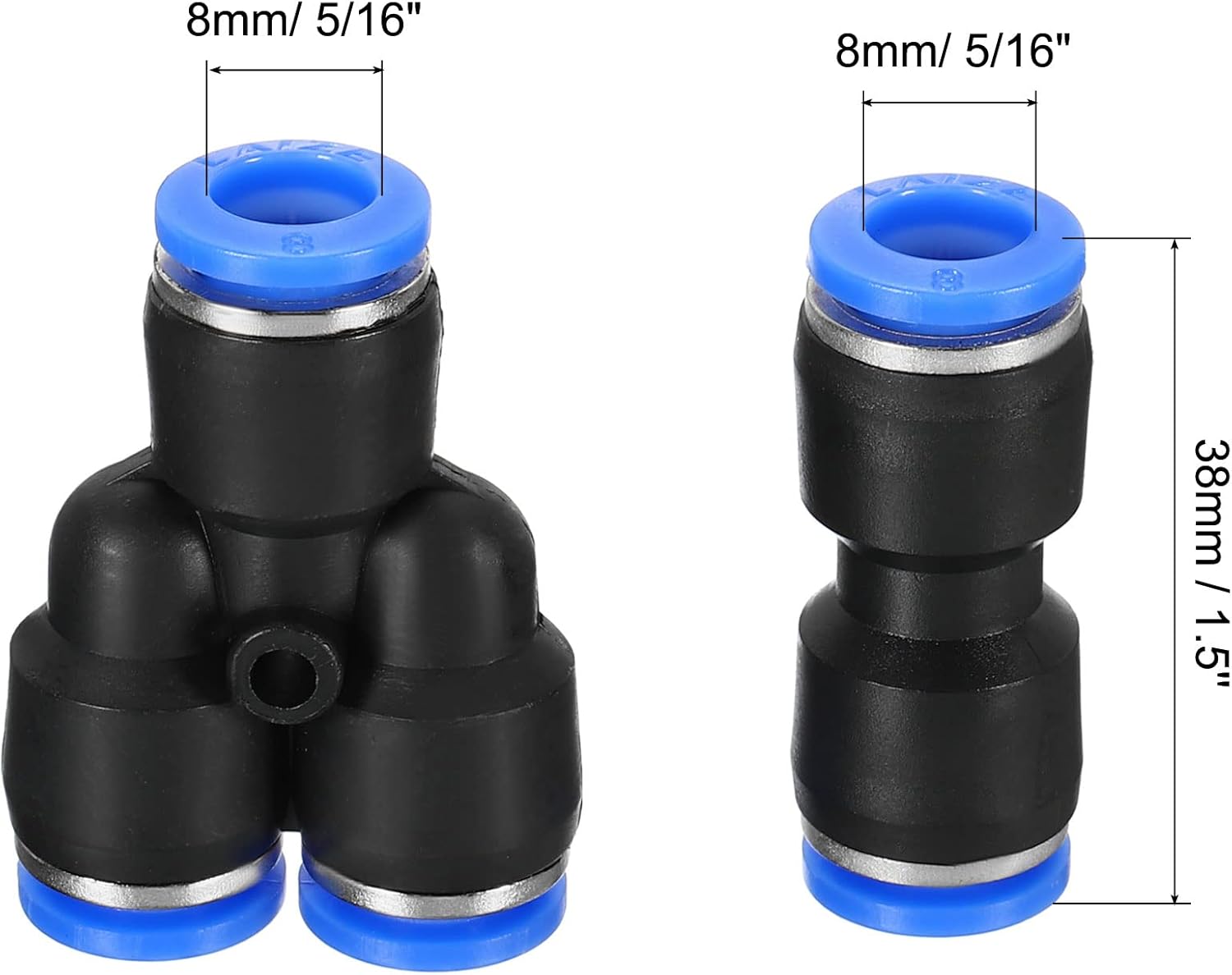 MECCANIXITY 5pcs Push to Connect Fittings Straight Quick Connect 5/16" OD Tube Fittings and 5pcs 8mm Y Shaped 3 Way Pneumatic Air Hose Fittings