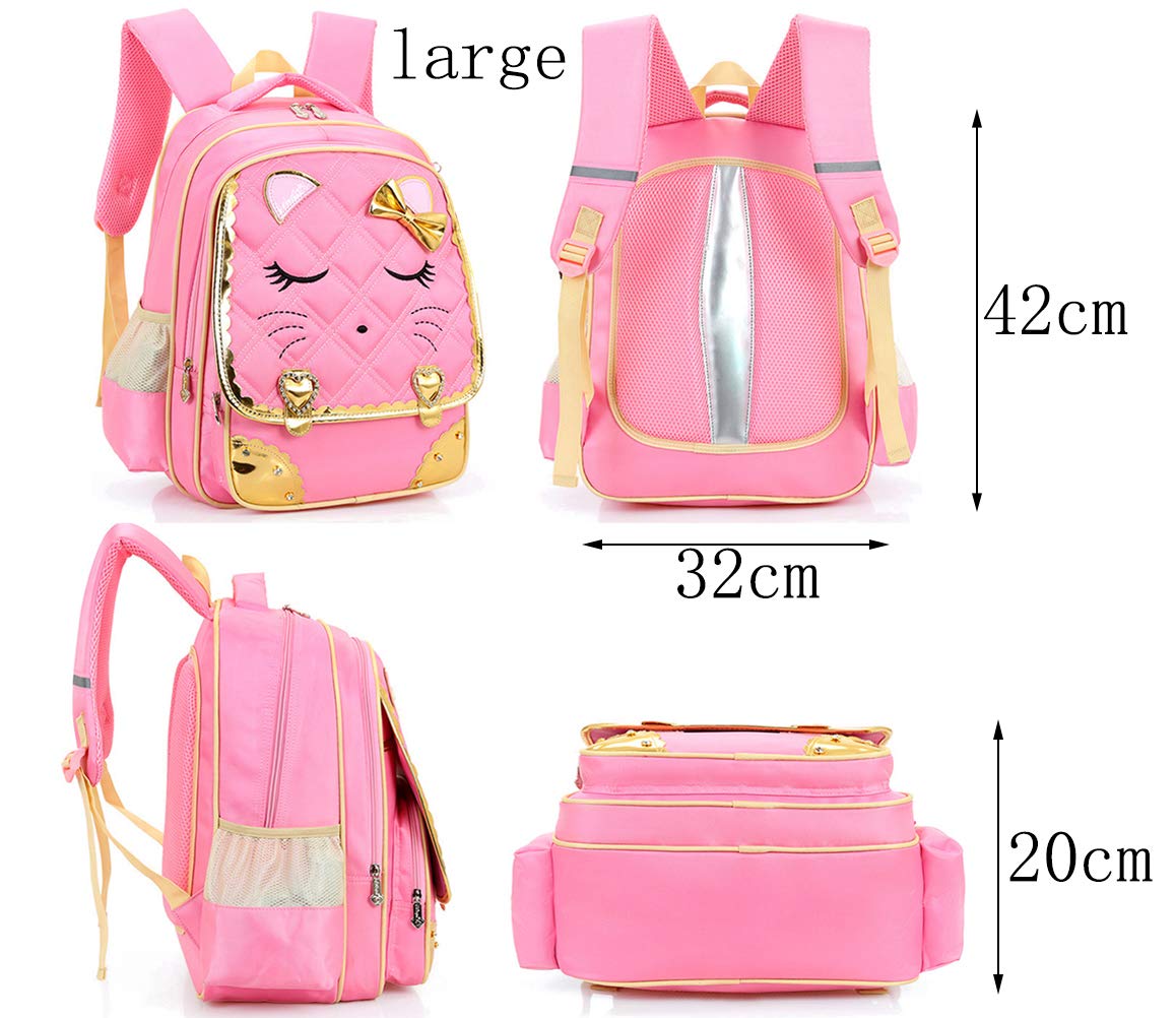 Efree Cute Cat Face Bow Diamond Bling Waterproof Pink School Backpack Girls Book Bag (Large, Pink)