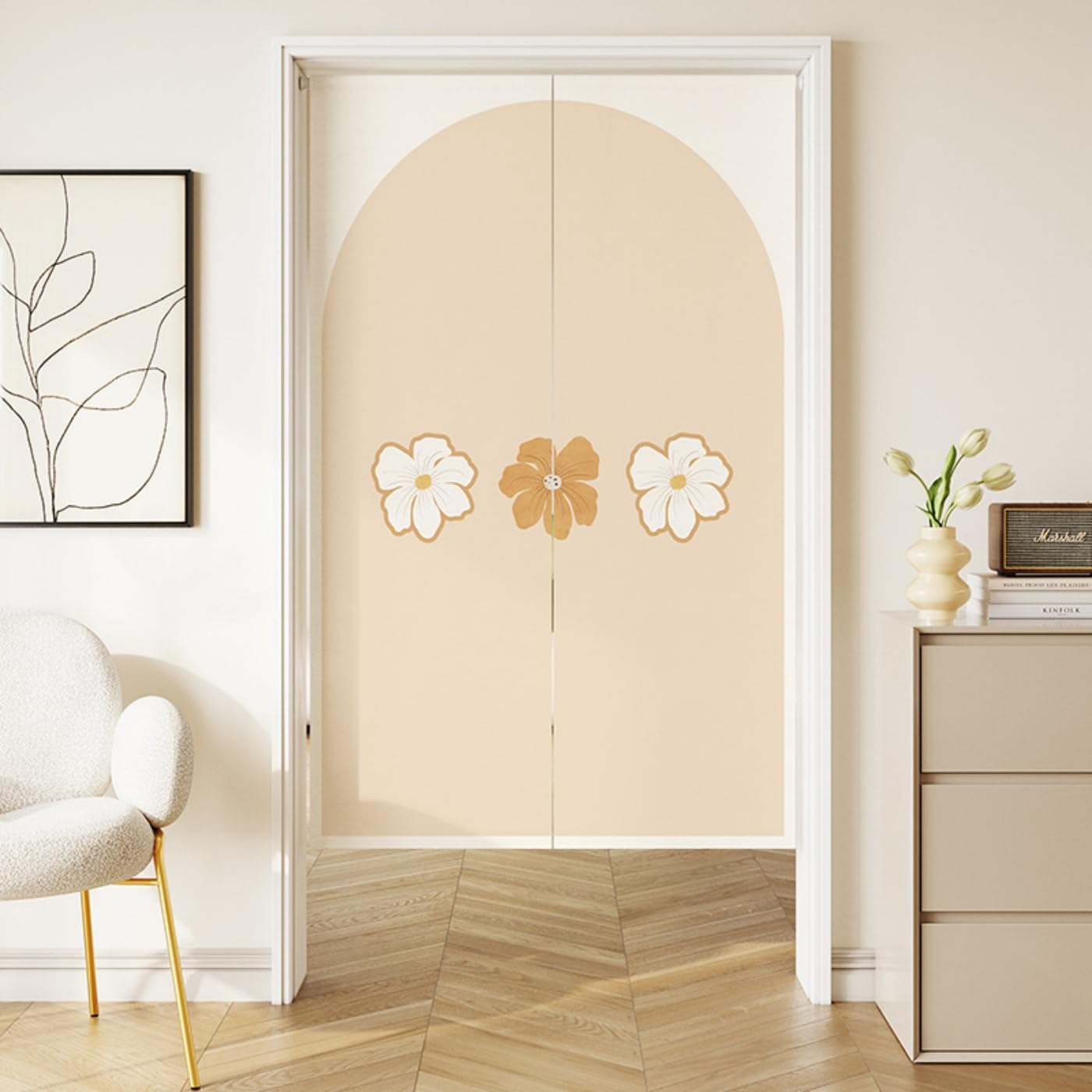 Guest Ruyunlai Japanese Noren Doorway Curtain, M33 White Flowers, 90x150cm