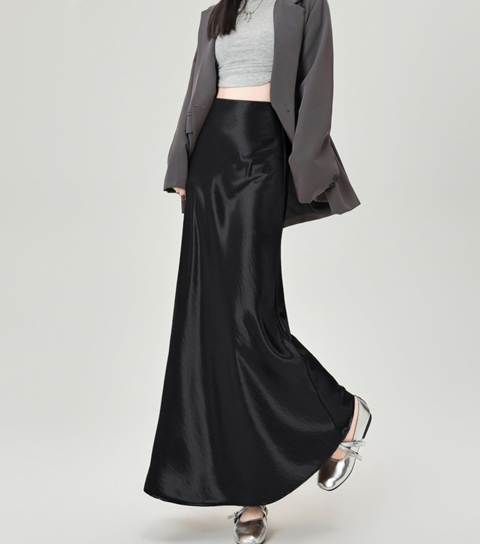 Femmes Jupe Hanche Satin Elégant Coupe Slim Ourlet Fluide Mode Casual Mince Élastique Taille Haute Longue Jupe Queue De Poisson