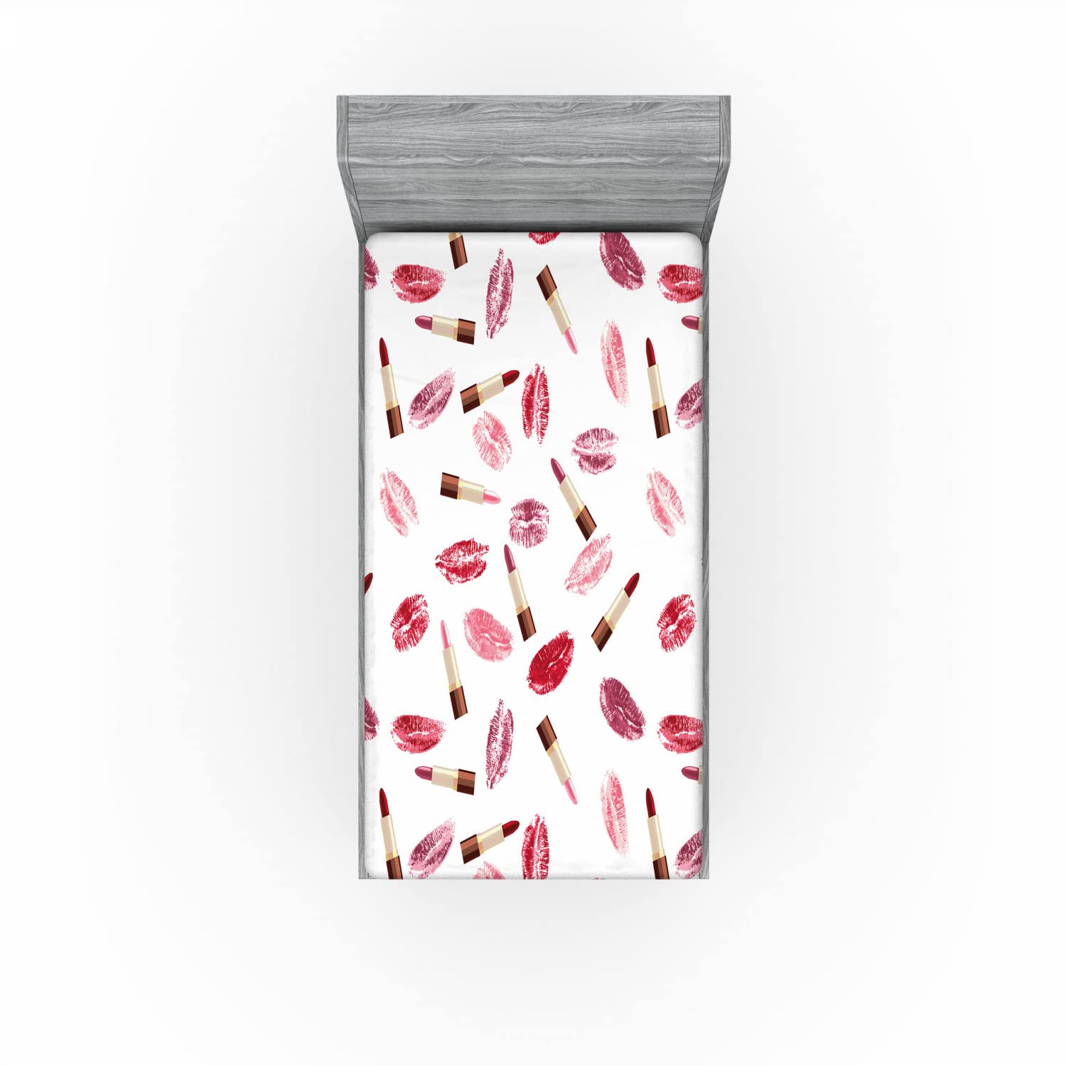 Ambesonne Cosmetics 2 Pack Fitted Sheet, Lipstick Kiss Makeup, Bed Cover All-Round Elastic Deep Pockets 2 Pieces, Package Contains 2 Twin XL Size Fitted Sheets, Burgundy Pink