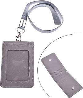 Faux Leather Work ID Badge Holder with Lanyard Removable Vertical 5-Slot Credit Cards Little Purse/Wallet, Unisex Name ID Card Badge Holder, Gray