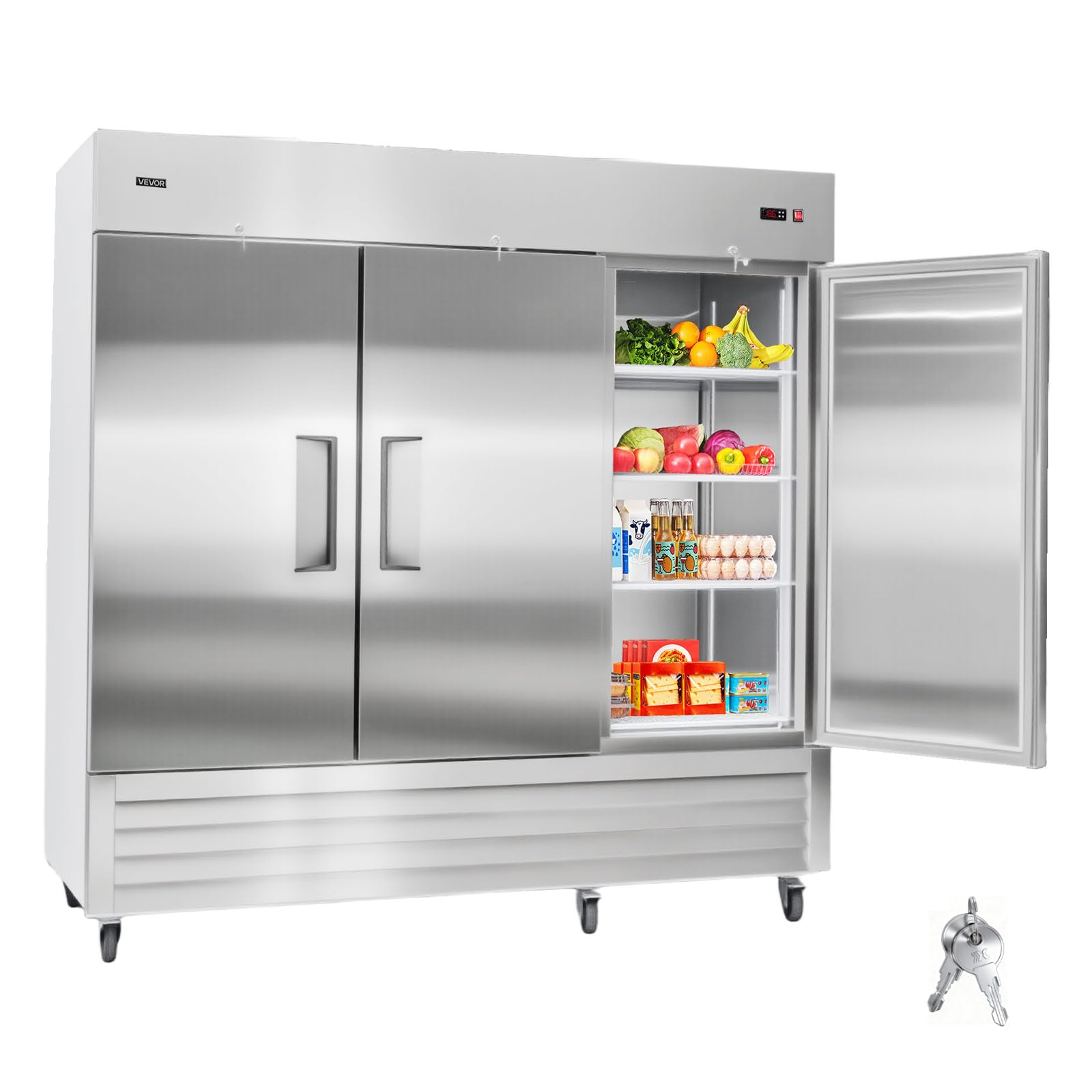 VEVOR Commercial Reach-In Refrigerator 85" W, 69 Cu.Ft Stainless Steel Upright Refrigerator with Three Doors, Auto-Defrost, 12 Adjustable Shelves, 32