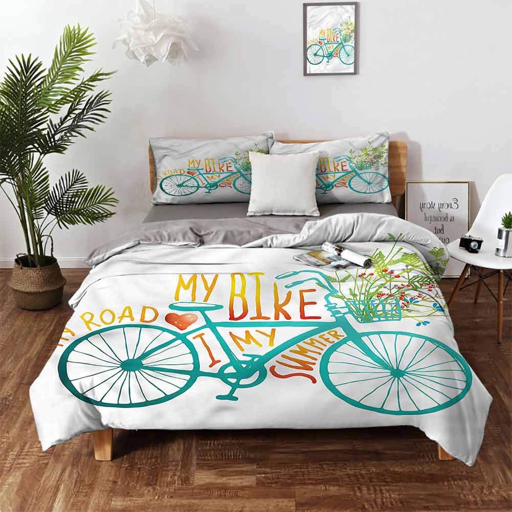Comforter Bedding Cover, Bicycle Blue Bike with Flowers Premium Soft Luxury 3 Piece Bed Sheet Set Light Weight & Easy Care - King 104"x90"