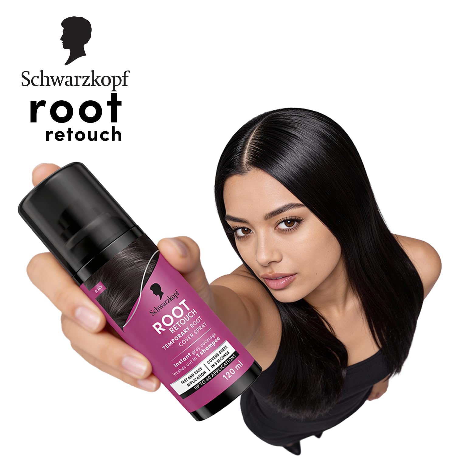Schwarzkopf Root Retouch Instant Grey Hair Concealer Spray Sweat And Rain Resistant, Matte Finish Perfect Coverage | Upto 40 Fast and Easy Applications | Unisex| For All Hair Types, Black, 120ML