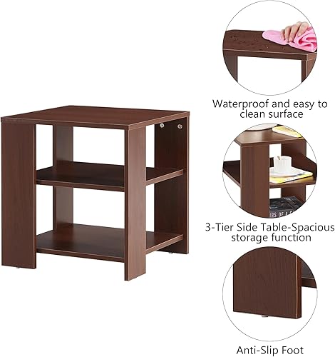Miniatura 3 de HUMEHA Mesa auxiliar, mesa auxiliar con estantes de 3 niveles, mesa de centro cuadrada marrón con almacenamiento, mesita de noche de madera para