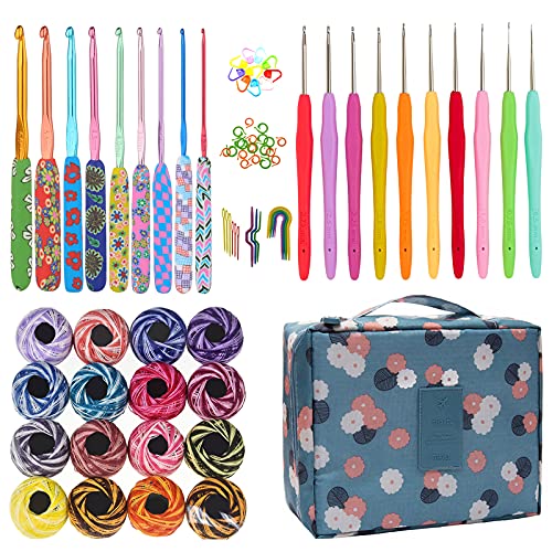 Katech 89 pcs Yarn Crochet Kit - Different Sizes Crochet Hooks with 16 pcs Colorful Yarn Skeins for Crochet and Knitting, Ergonomic Crochet Needles DIY Yarn Weaving Tool for Crochet Lovers (Blue)