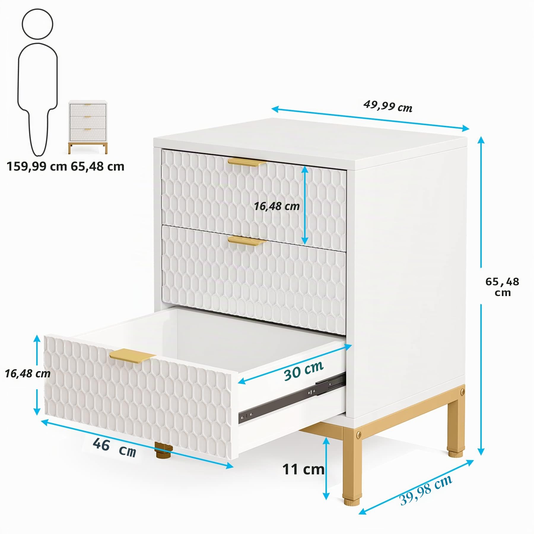 Tribesigns Mesita de Noche Moderna 2 Piezas, Mesa de Noche de 25.8 Pulgadas de Alto con 3 cajones, Mesa Auxiliar contemporánea con Almacenamiento para Dormitorio, Blanco/Dorado