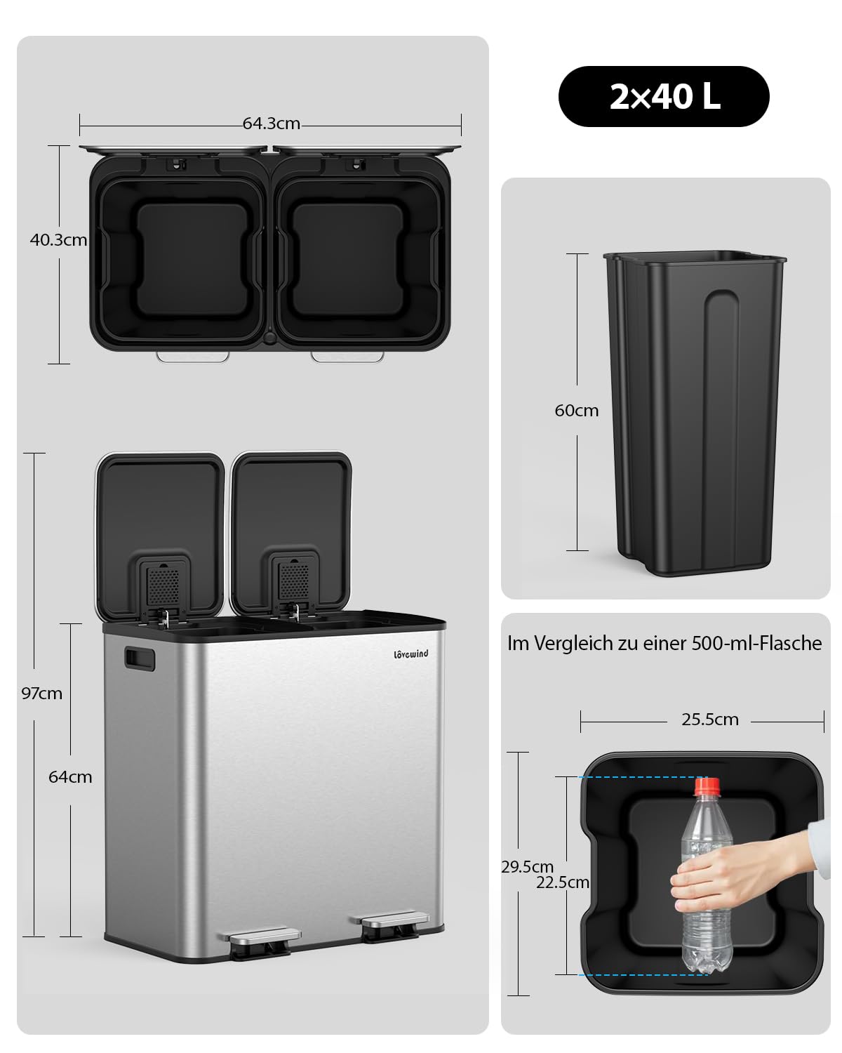 lovewind Mülleimer, 2 x 40L Mülleimer Küche, Doppeleimer für Recycling und Abfall, Silber, Mülleimer aus Edelstahl mit Deckel und Inneneimern, Großes Fassungsvermögen, Deckel mit Soft-Close-Funktion