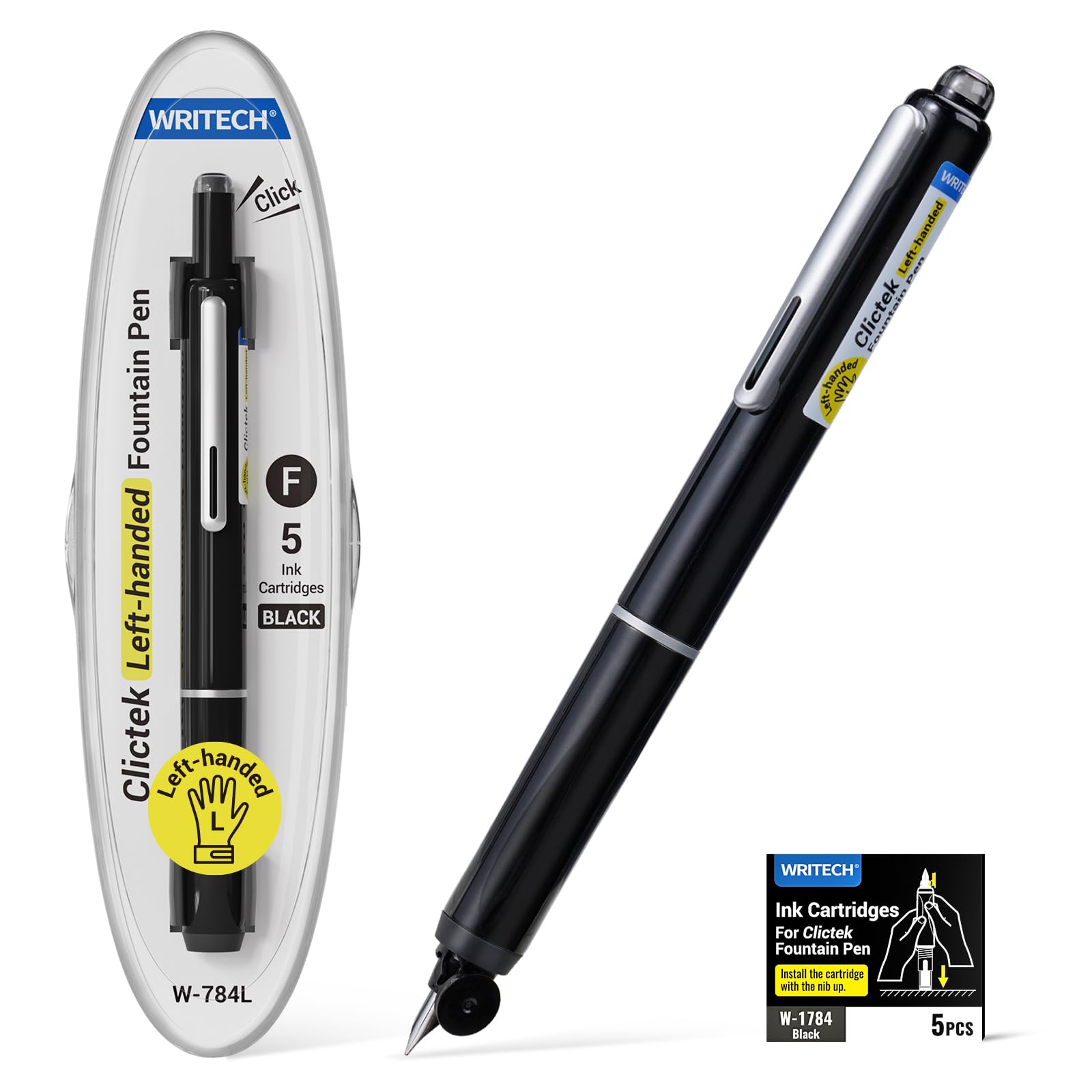 WRITECH Fountain Pen Left Handed: Retractable Style Black Ink Set Fine Nib, Includes 5 Ink Cartridges for Smooth Writing Calligraphy Journaling