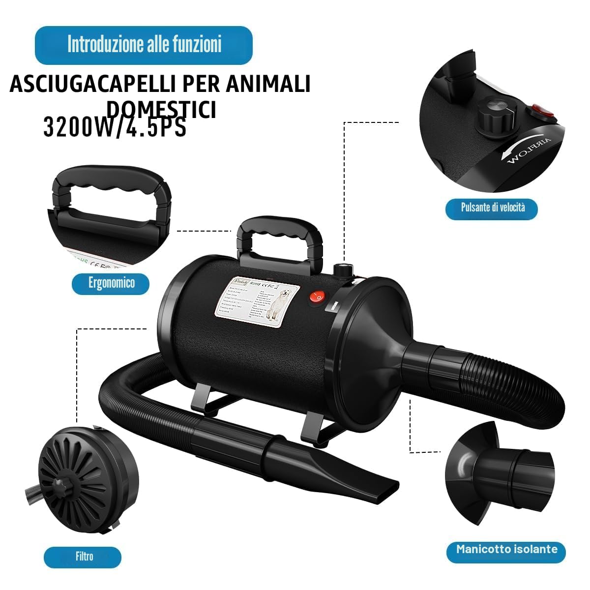 Soffiatore per Cani Blower Molto Silenzioso, 4,5 CV/3200 W, Velocità Regolabile, Ventilatore per la Cura del Cane con 4 Diversi Ugelli, Tubo Elastico e Spazzola per la Cura