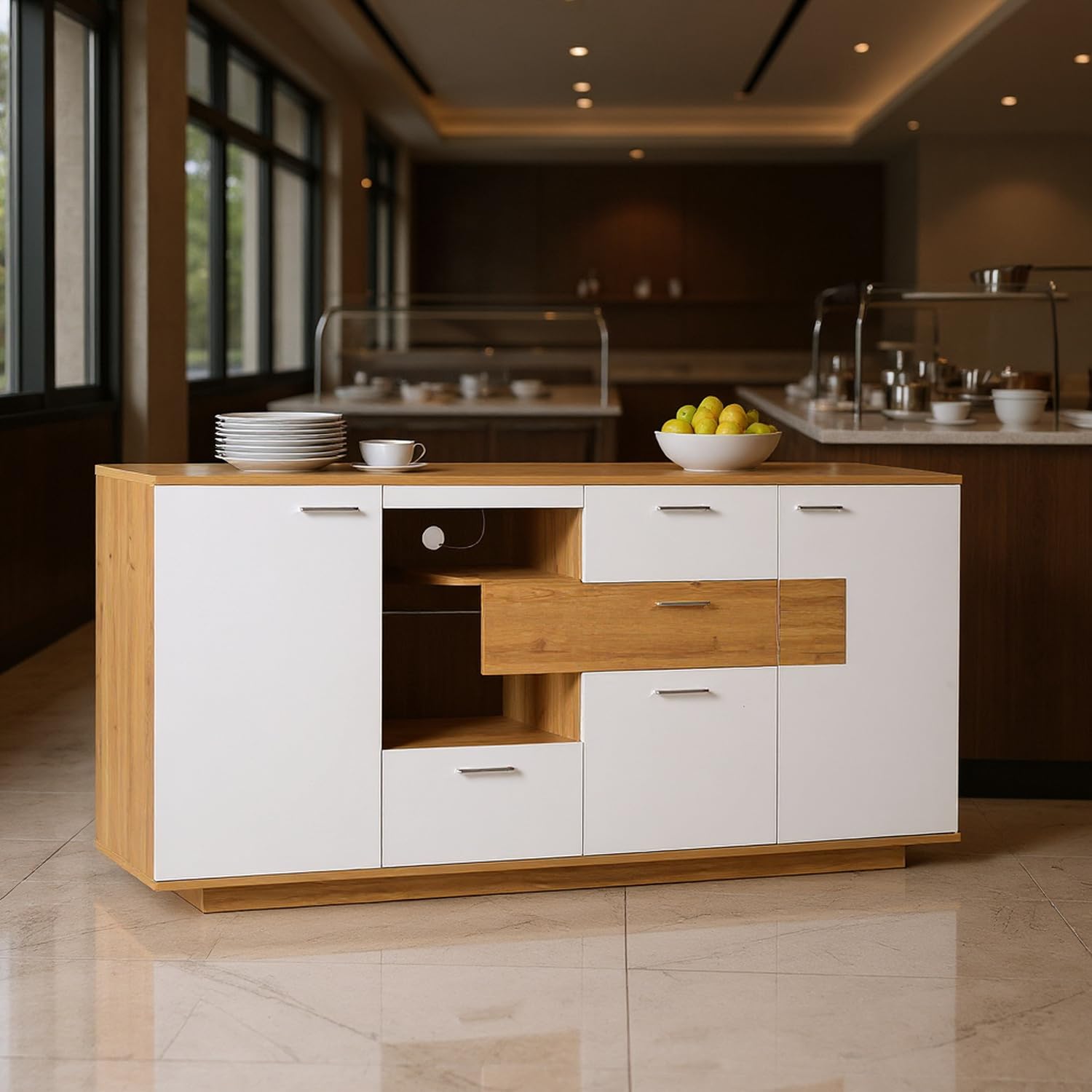 HOMYLIN Armadietto da buffet commerciale con LED RGB, stazione di servizio da 160 cm, con 4 cassetti e 2 ante, per caffetterie e catering, bianco
