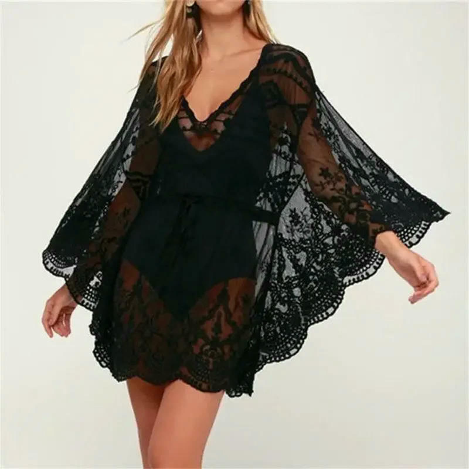 Costume Copricostume da Donna in Pareo Spiaggia Pizzo, Bagno Tunica Playa, Elegante Estiva-Nero-Taglia Unica