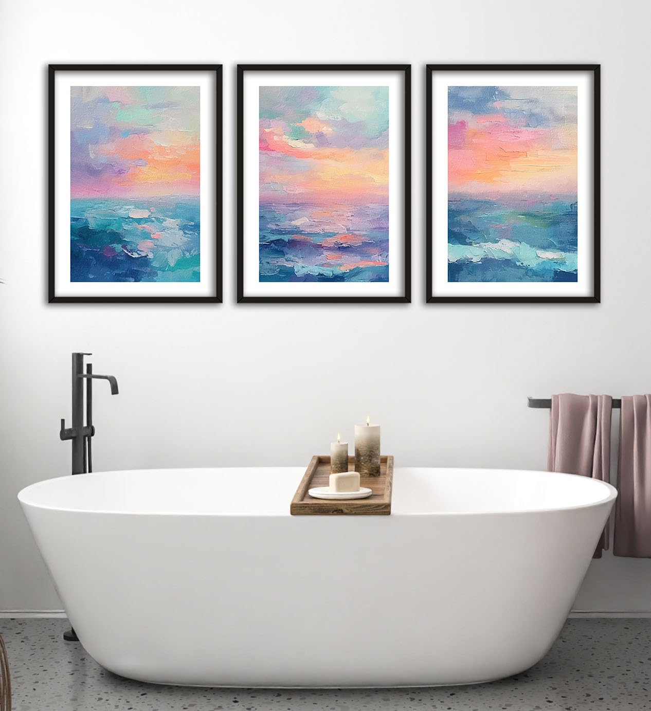 Eviepops Prints Ocean Sunset Set of 3 Unframed Wall Poster Prints, Abstract Painting Textures