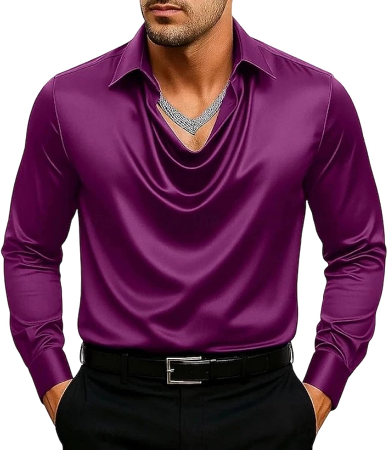 Men's Elegant Solid Satin Cowl Neck Blouse Long Sleeves Casual Business Dressy Shirts Office Work Top, M-3XL