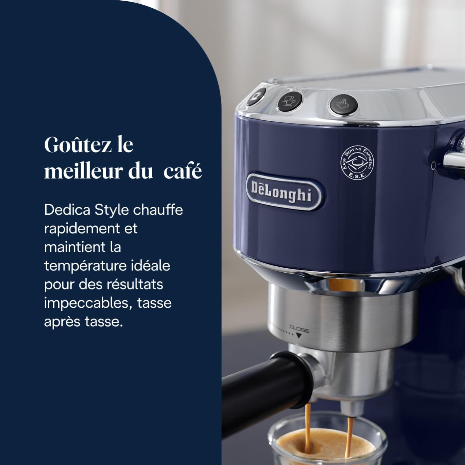 De’Longhi Dedica Style - Perfetto Machine à Expresso Compacte, Mousseur de Lait Manuel pour Expresso et Cappuccino, Compatible Dosettes ESE, Panneau de Commande à Boutons,Largeur 15cm,Bleue(EC685.BL)
