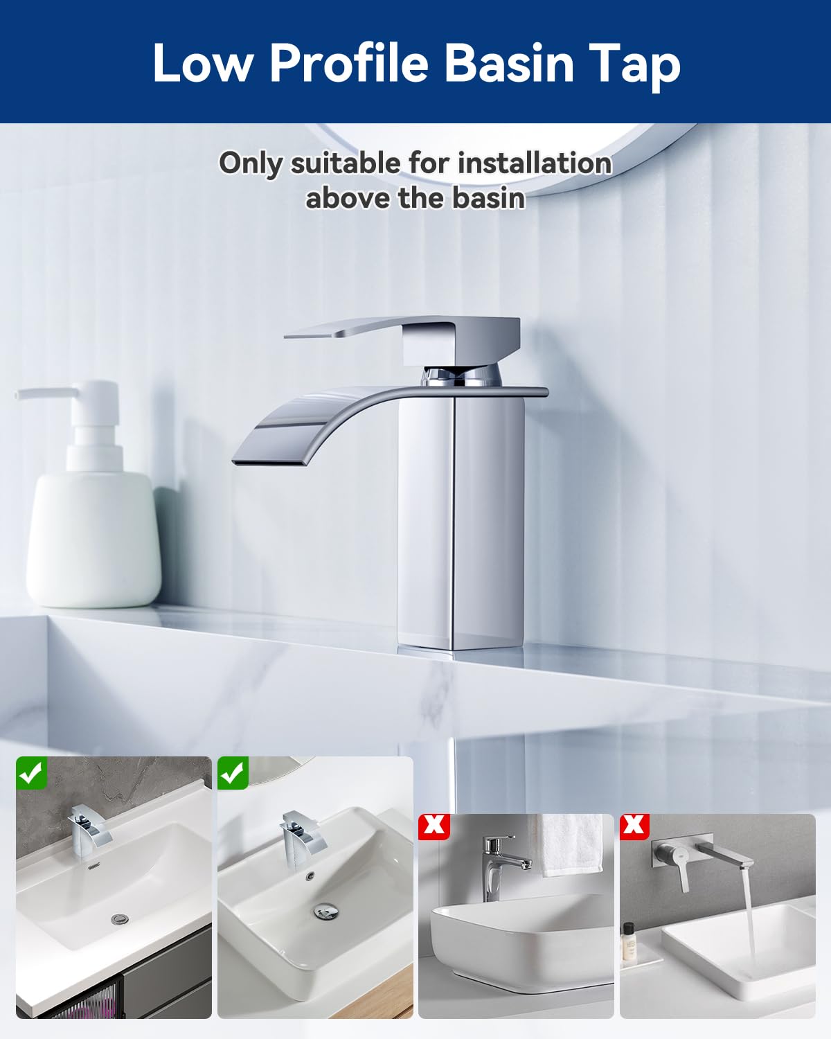 CECIPA Wasserhahn Bad, Wasserfall Wasserhahn Bad Edelstahl Waschtischarmatur Wasserfall mit Auslauf Höhe 85mm Waschbecken Armatur Chrom Einhebelmischer Warm und Kalt wasser Mischbatterien | Für Kalt- und Warmwasser, Einhandbedienung, DVGW Zertifiziert, Ke