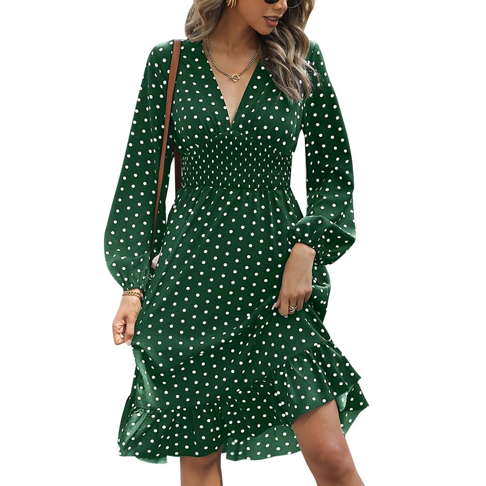 KBRPEY Vestidos Manga Larga Mujer Sexy Cuello V Estampado Vestido de Lunares Vestidos Fluido Informal Mujer Elegante con Cntura Recogida