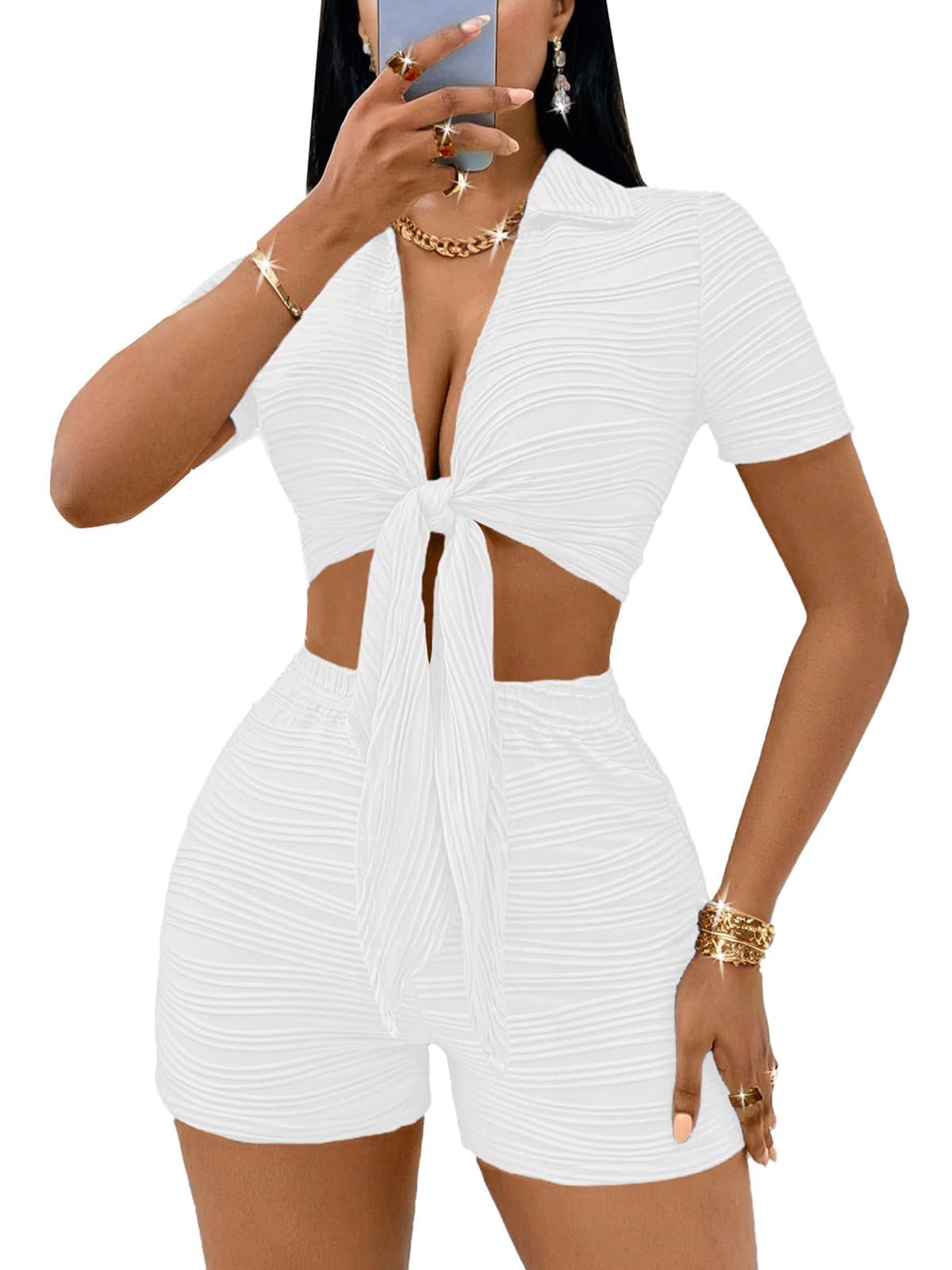 MSLG Women's Sexy 2 Piece Set Solid Summer Bodycon Suit Casual Tie Front Short Sleeve V Neck Crop Top Shorts Outfits Sets S42