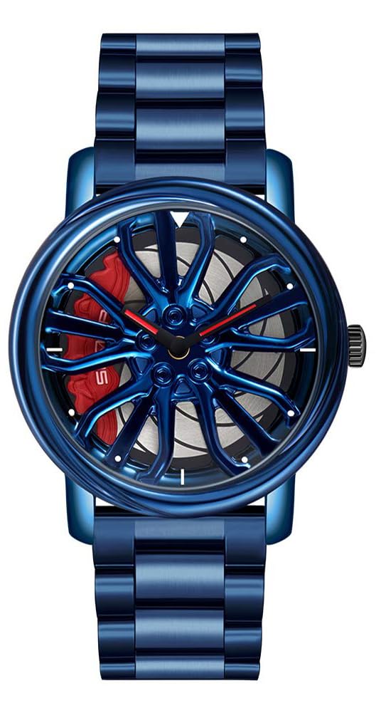 MASTOPMens Wrist Watch Creative 3D Spinning Car Wheel Rotating Watches Rim Hub Design Fashion Quartz Stylish Wristwatch with Stainless Steel Strap Gifts for Car Enthusiasts