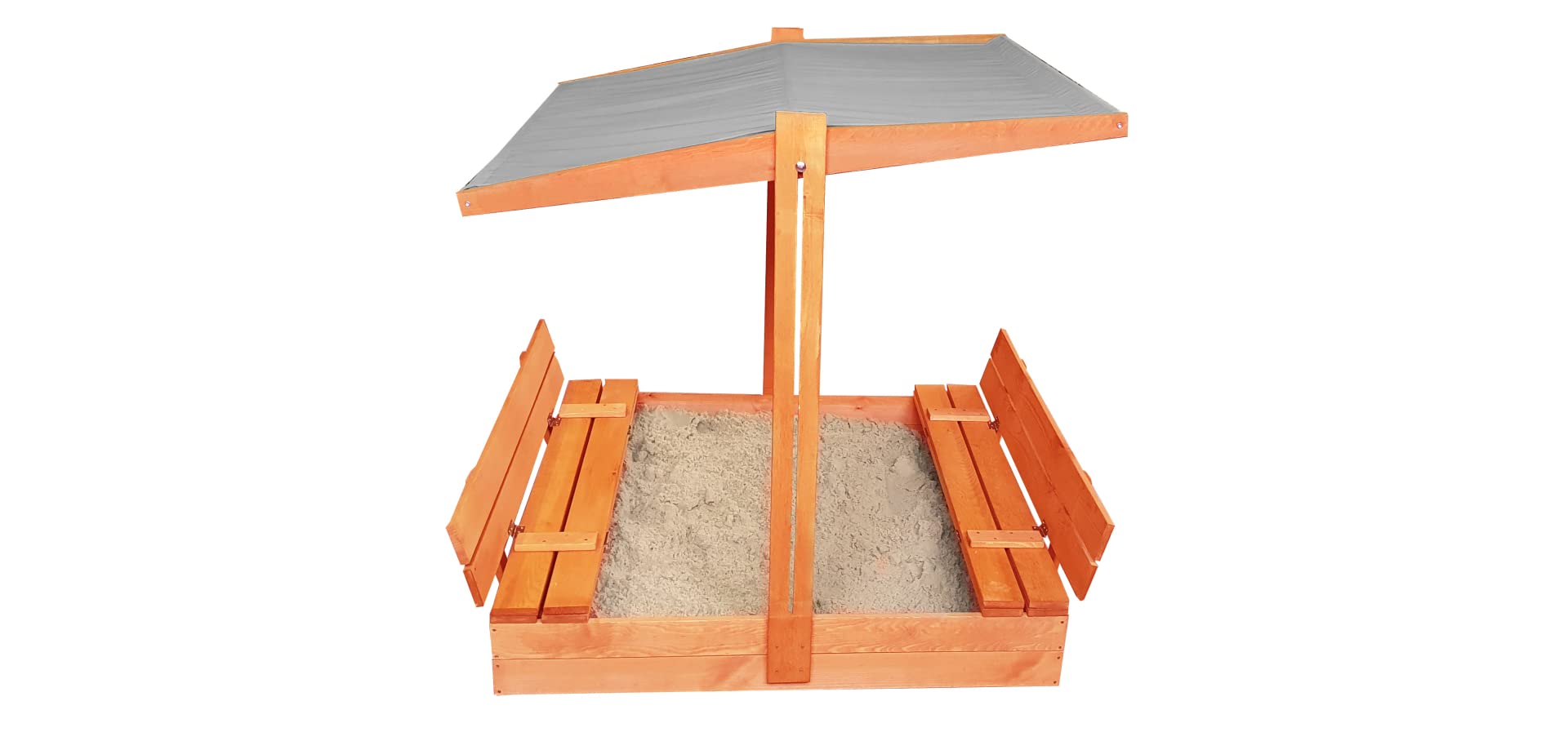 Sandkasten aus Holz mit Dach GRAU & wetterfester Tarpaulin Abdeckung - Sandkiste 120 x 120 cm. mit UV 50 Sonnenschutz & Faltbare Bank - Sandkästen rechteckig überdacht für Kinder