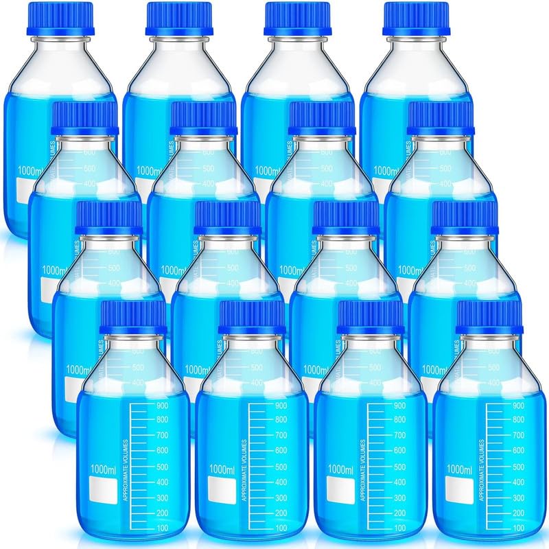 Salco 16 Pieces Media Storage Bottles Borosilicate Storage Glass Bottle Scientific Round Graduated Media Bottle with Blue Gl45 Screw Cap for Lab Water Reagent Liquids (1000 ml)-image-16