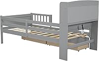 Vista 176 de Modern Full Size Platform Bed Storage Headboard and Safety Guardrail for Kids, Function Wood Platform Bed Frame with Built-in LED Light for Boy