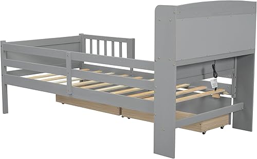 Miniatura 122 de Moderna plataforma de tamaño matrimonial con cabecera de almacenamiento y barandilla de seguridad para niños, plataforma de madera funcional con luz