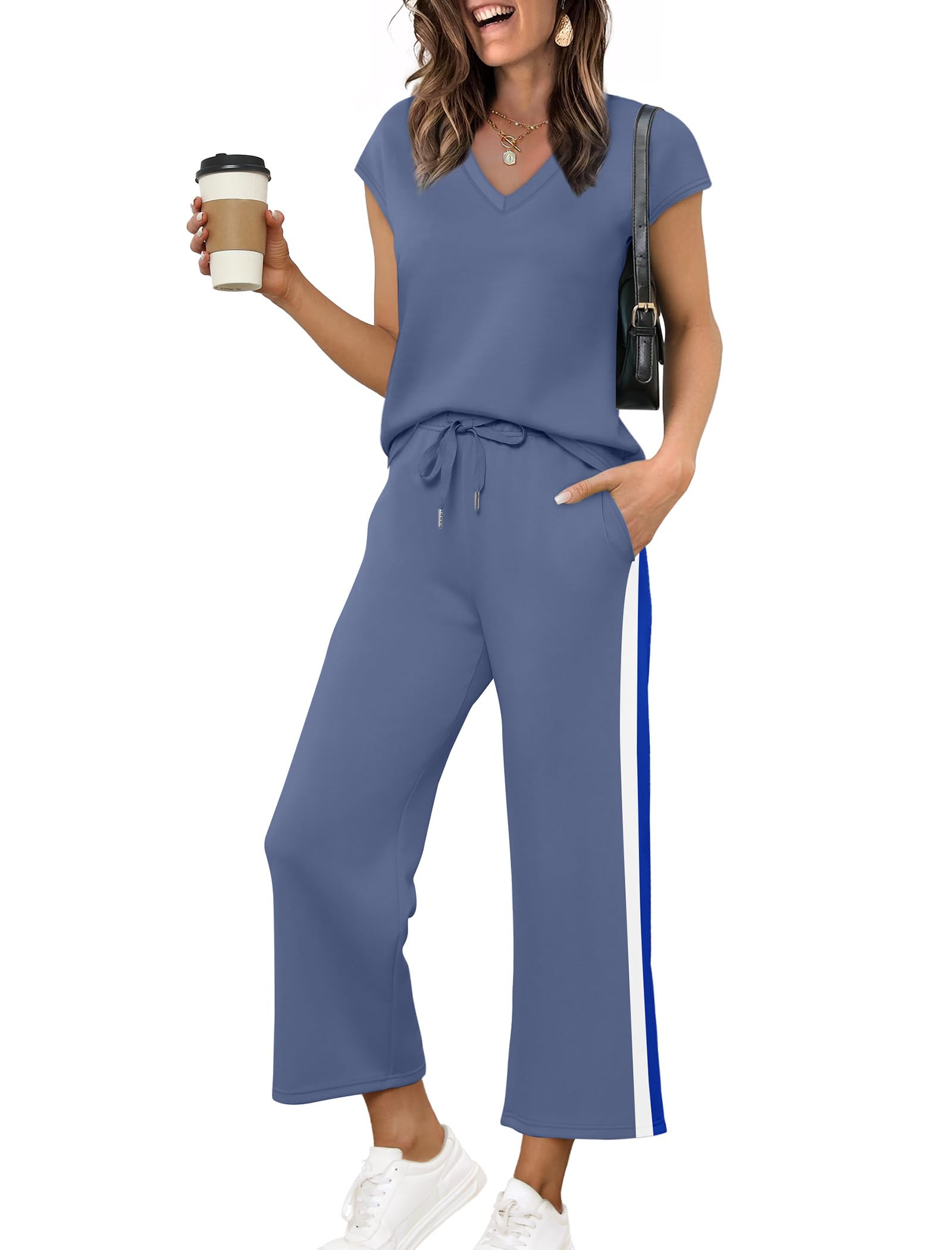 Saloogoe Two Piece Sets for Women Summer Outfits Lounge Sets V Neck Tops Wide Leg Pants Woman Vacation Travel Outfits