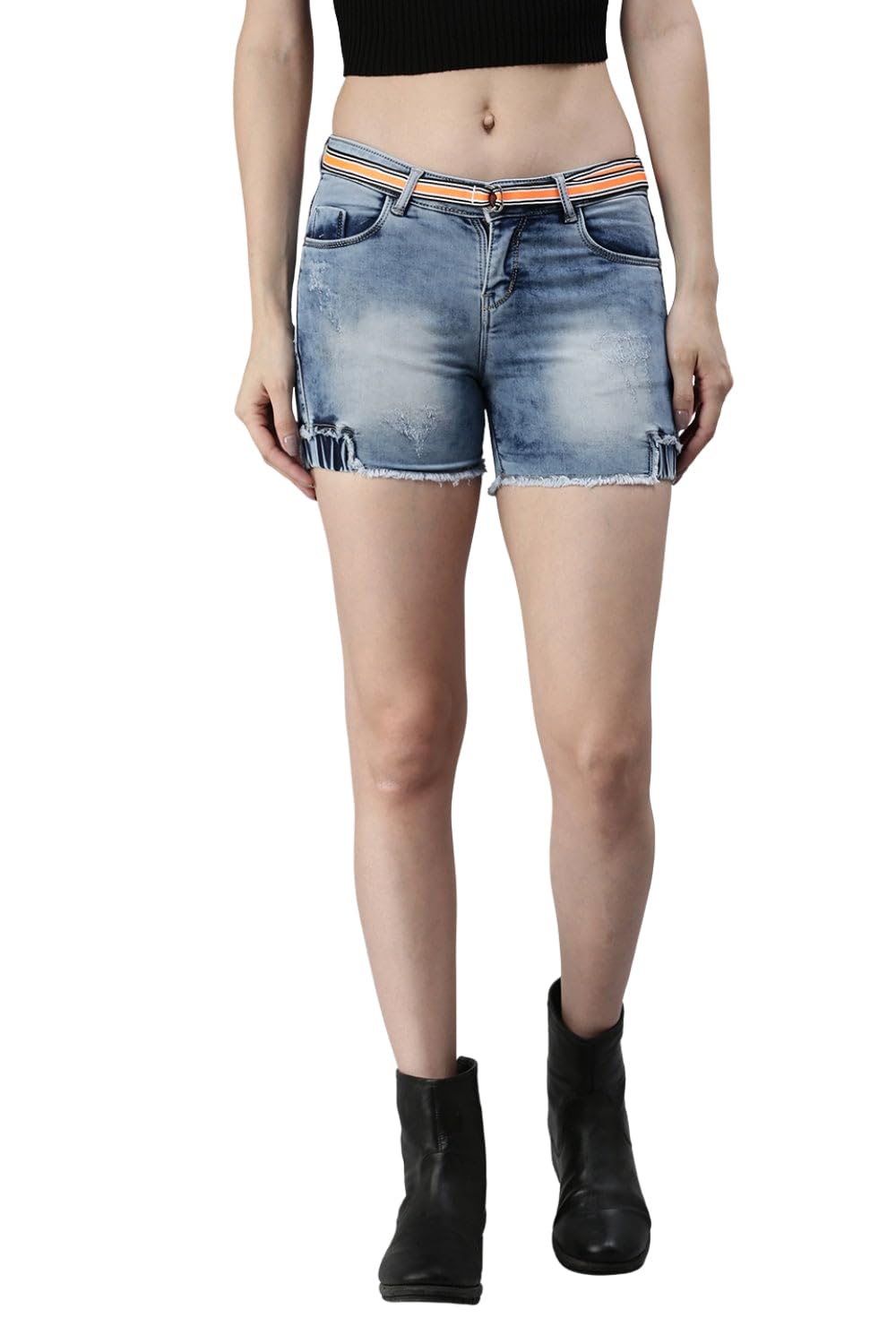 Women Distreessed Denim Shorts | Mid-Rise Skinny Fit Above Knee Shorts for Women's-image-1