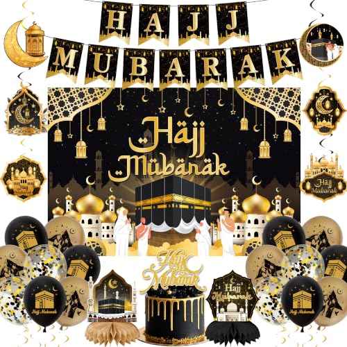 Hajj Mubarak Backdrop Decorations Set Black Gold Party Banner Decor Kit