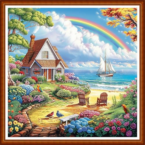 Image of Joyhoor Stamped Cross Stitch Kits for Beginners Needlepoint Kits for Adults Embroidery Kits 11CT Counted Cross Stitch Kits Printed Embroidery Pattern- Seaside Homeland Scenery 18x18 inchs