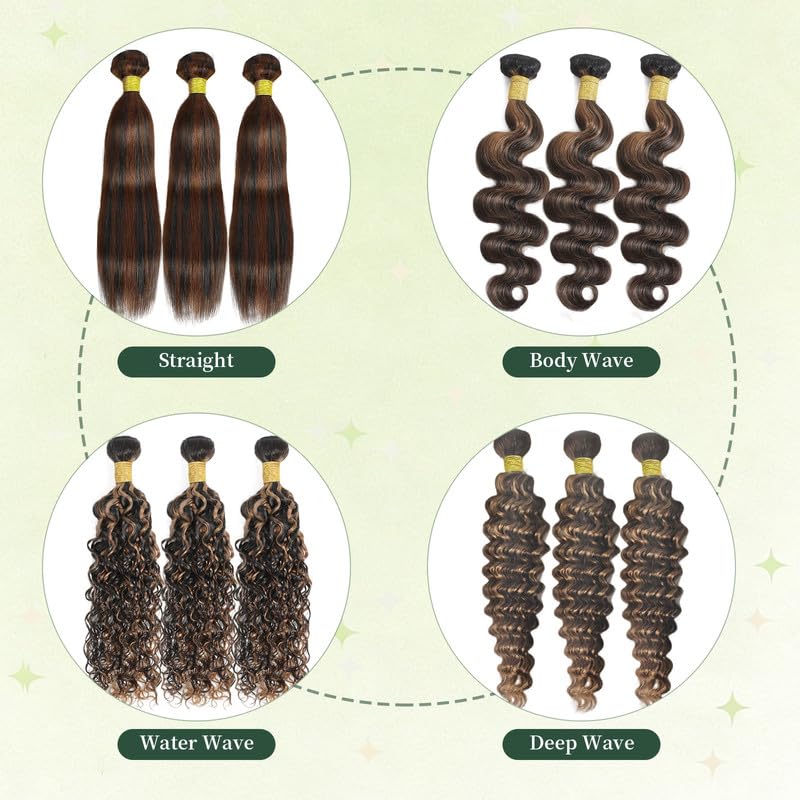 Brown Highlight Bundles Human Hair 18 20 22Inch Light Brown Water Wave Bundles Brazilian Virgin Hair Weave 3Bundles Hair Deal（Black and Brown，#p1b/30）