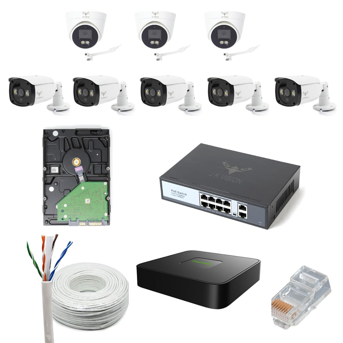 JK Vision 5MP CCTV IP Camera Full Set, 3Bullet, 5 Dome 10 Channel NVR, 8 Port POE, 1TB Hard Disk, Cat6 Cable, 16 RJ45 Connector-image-33