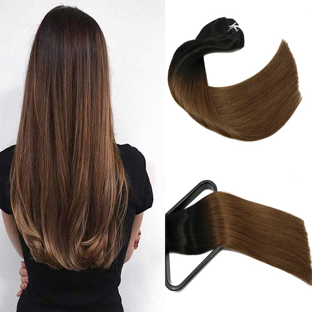 Color Hair Extensions Clip in Popular Ombre Natural Black to Chocolate Brown 120g 7pcs 14 inch Aison Natural Medium Human Hair