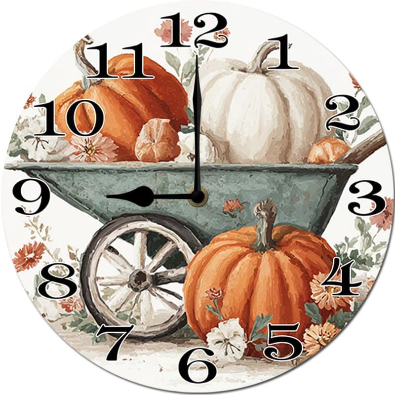 Miniatura 7 de Reloj colgante de madera con parche de calabaza, reloj de pared redondo de madera, silencioso, sin tictac, funciona con pilas, números arábigos,