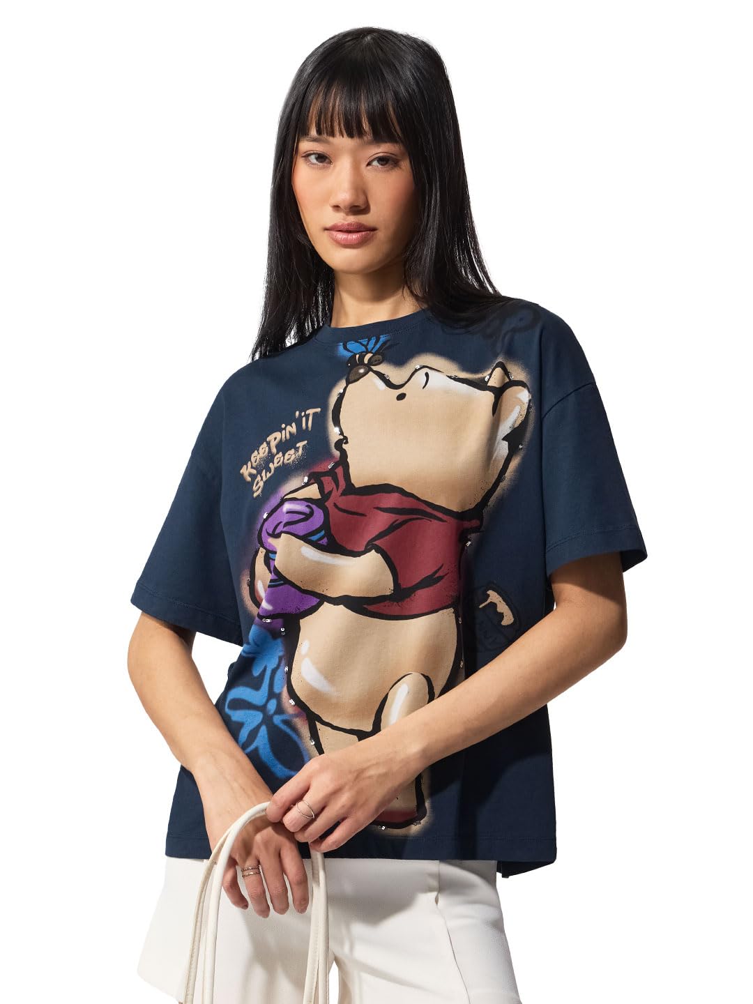 the souled store Winnie The Pooh: It's Sweet Women and Girls Short Sleeves Round Neck Navy Blue Graphic Printed Embroidered Cotton Oversized Streetwear T-Shirt-picture-26