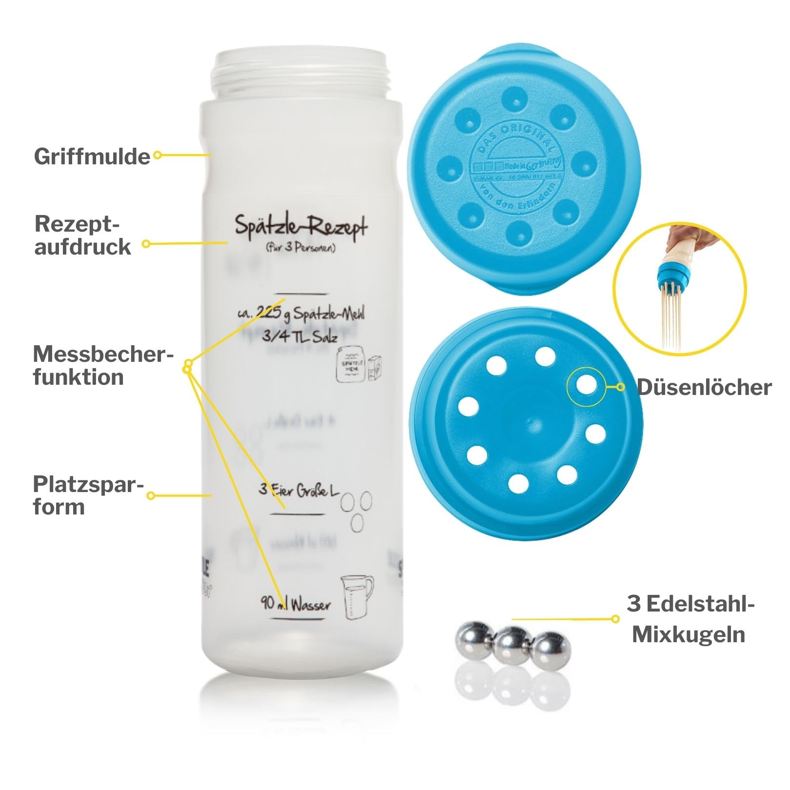 FOOD-SHAKER-SET mit 875ml-Pfannkuchen-Shaker + 4-Portionen-Spätzle-Shaker Teigmixer mit Spätzlepresse und Portionierer Patentiert Made in Germany in der Farbe BLAU