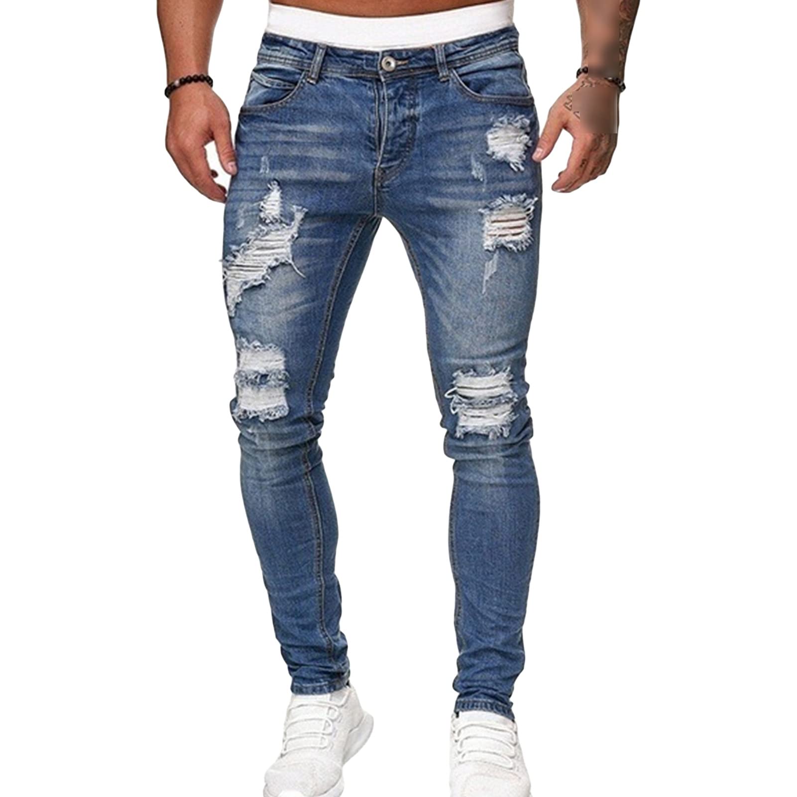 Maiyifu-GJ Mens Straight Slim Fit Ripped Jeans Skinny Distressed Destroyed Denim Pants Lightweight Tapered Leg Biker Jean