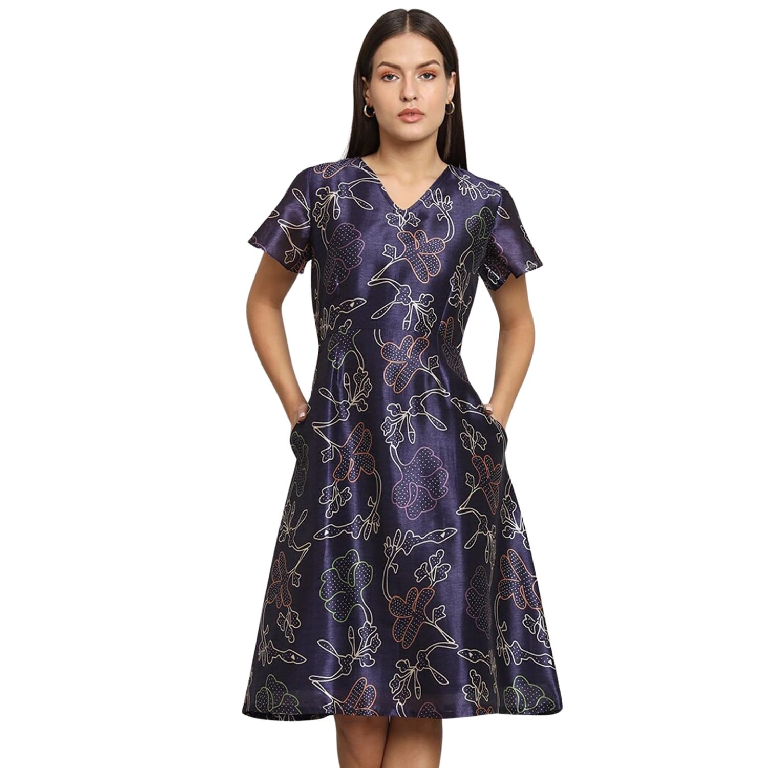 Campus Sutra Printed Silk Dress for Women | A-line Dress for Women | Office Wear for Women | Blue in blue