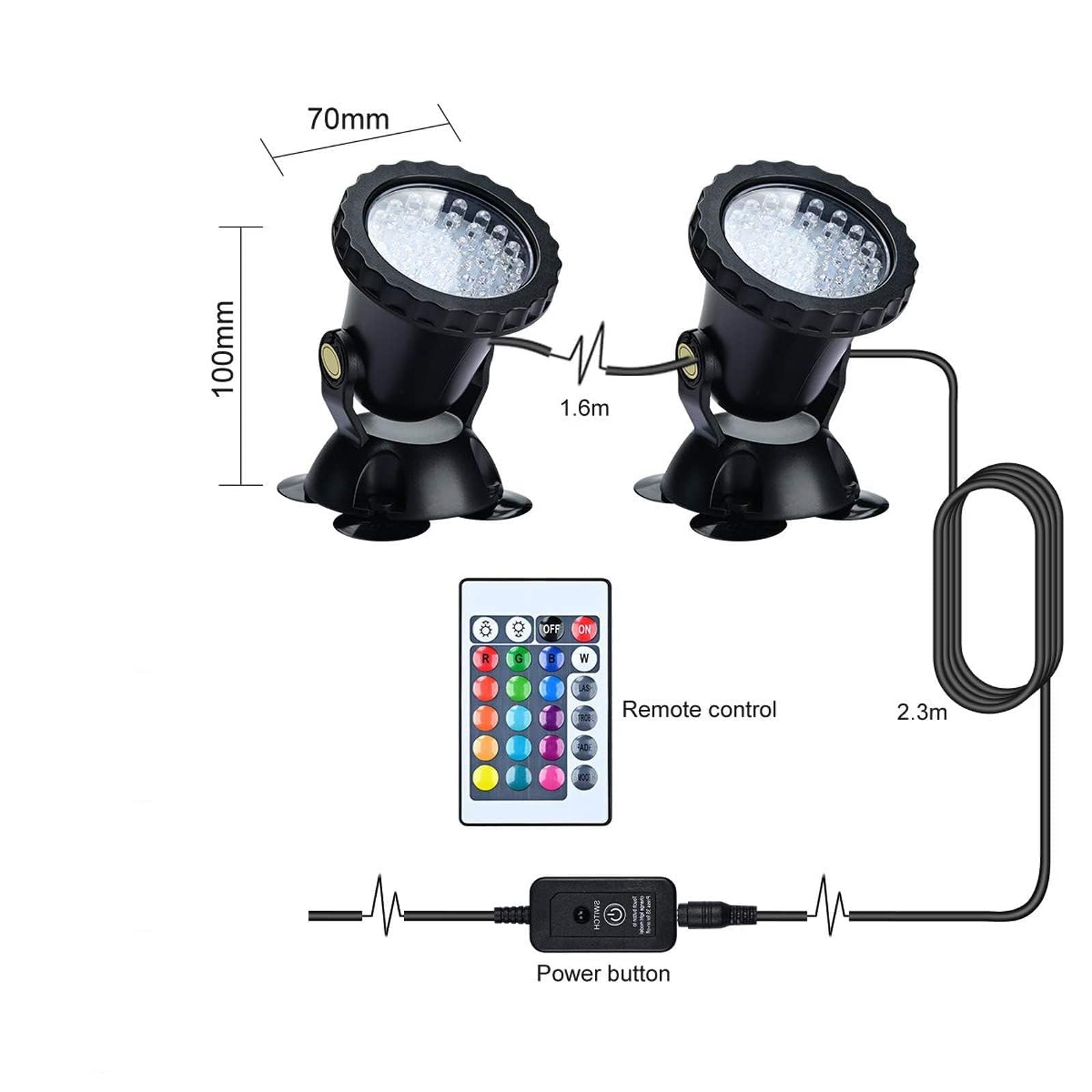 Unterwasser-Scheinwerfer, Ferngesteuerte, Farbwechselnde Unterwasserleuchten, Wasserdicht for Gartenteich, Aquarium, Innenhof, Pool, Springbrunnen(2 * 3W(DC12V))