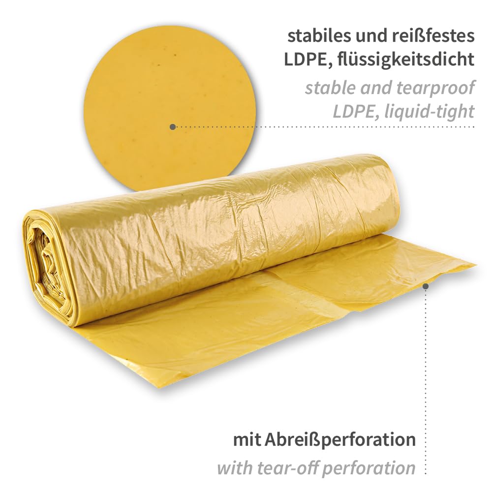 250 Stück, Müllsäcke, FRANZ MENSCH, 120 l 70x110cm, gelb, LDPE, extra stark | Eco, auf Rolle, Müllbeutel, Mülltüten, trash bags, Abfallentsorgung, Haushalt, Gewerbe, Reinigung