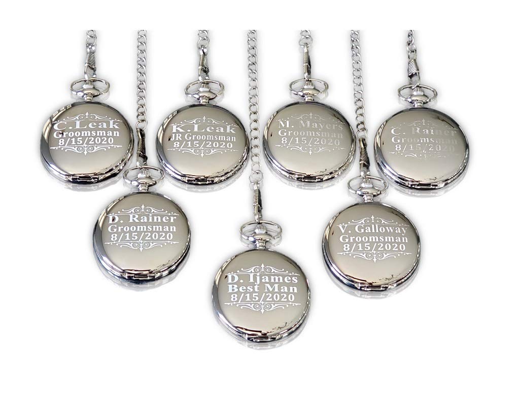 8 Gold Polished Engraved Pocket Watches - Gift Box Set of 8 for Weddings - Groomsmen Personalized Gifts with Chain and Box Included - Engraving Included (Silver)