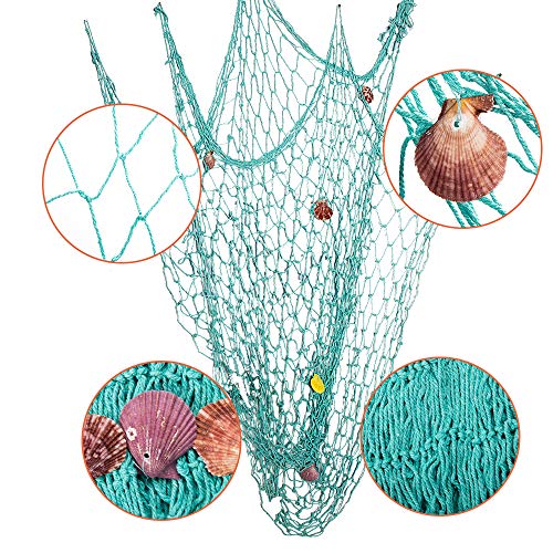 Rosoz Nature Fish Net Wall Decoration with Shells, Ocean Themed Wall Hangings Fishing Net Party Decor for Pirate Party,Wedding,Photographing Decoration (Aqua)