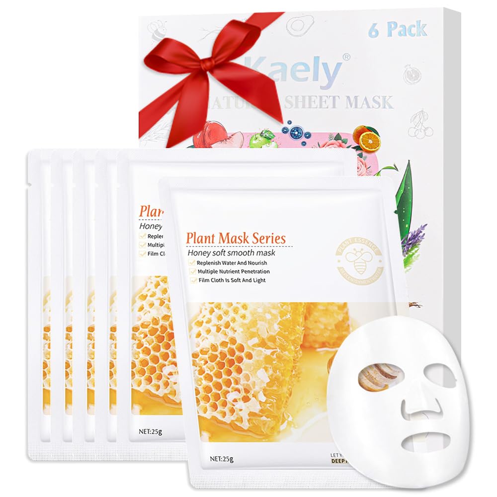 Kaely 6 Pack Honey Sheet Masks, Hydrating Smoothing Face Masks for Women Men, Facial Mask Skin Care Korean, Moisturize Nourish for All Skin Types, Birthday Christmas Gifts, Set07