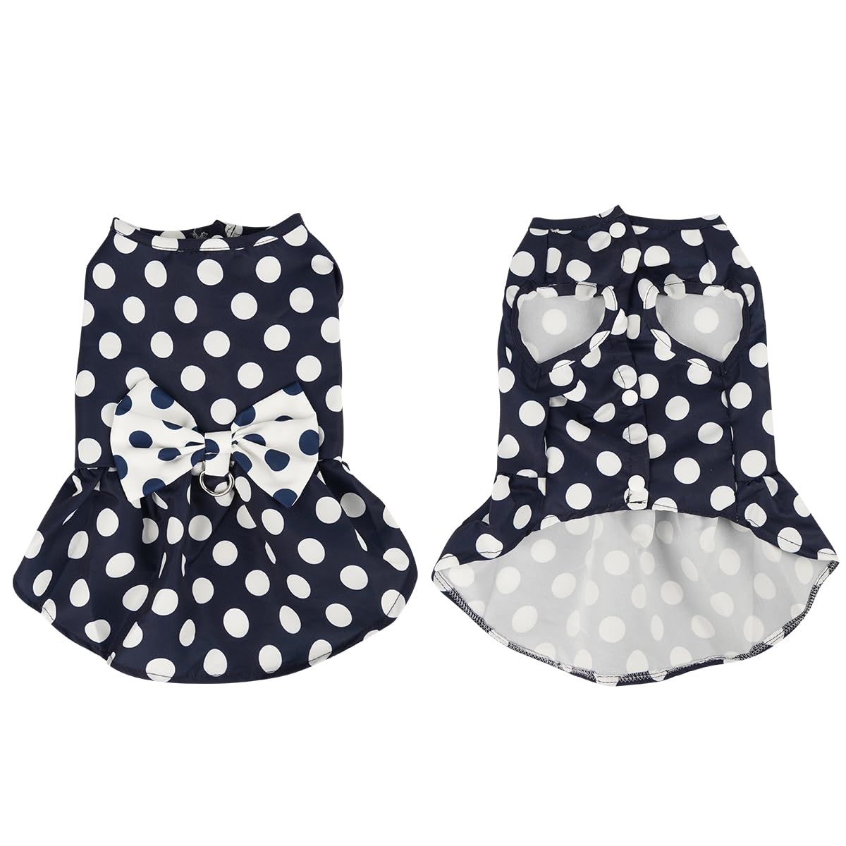Cute Polka Dots Cat Small Dog Dress with Bow Tie Summer Clothes with D-Ring on The Back for Puppy Cat(Navy with White Dots, X-Small)