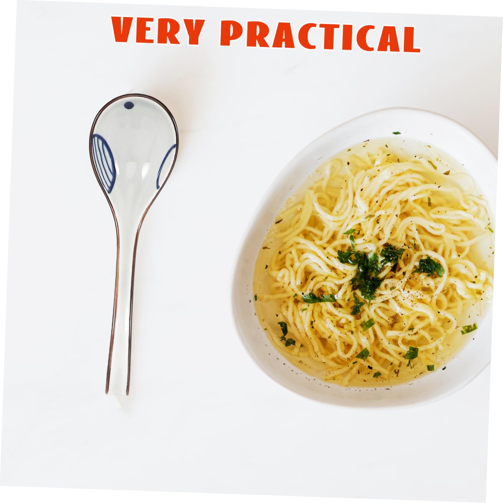 GARVALON 6 Stück Keramik Suppenlöffel Asiatischer Soup Spoon mit Langem Griff Klassisches Muster Leicht zu Reinigen für Suppe und Dumplings