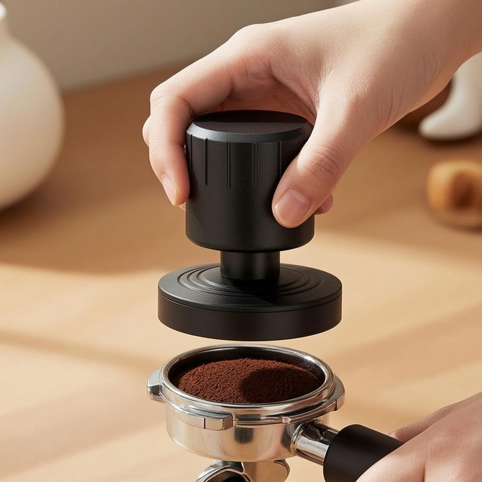 Coffee Tamper Espresso dor Compresor con Muelle de Presión Constante en Acero Inoxidable y Diseño Ergonómico con Base