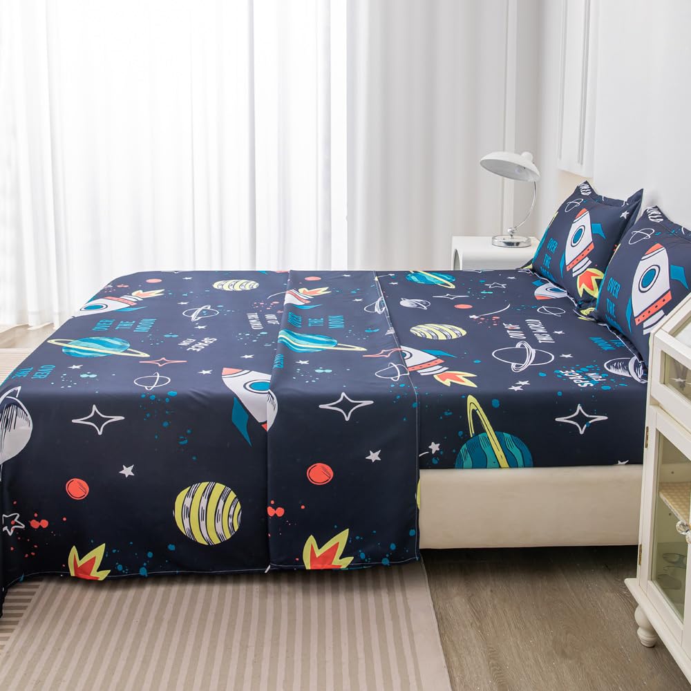 Sábanas espaciales tamaño individual para niños, juego de ropa de cama de 4 piezas con planetas cohetes 3D con 1 sábana bajera, 1 sábana encimera, 2 fundas de almohada, tema del espacio 8