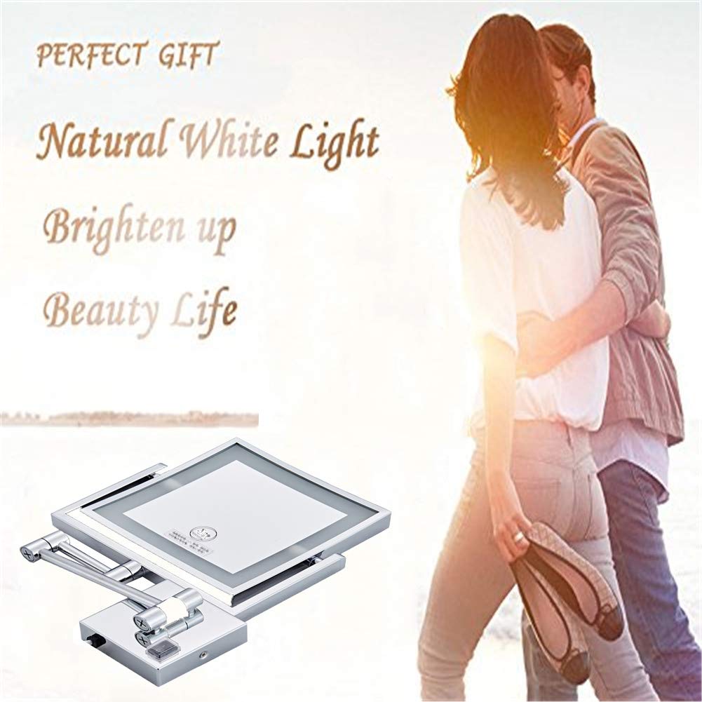 Espejo de maquillaje de montaje en pared, giratorio de 360°, extensible, con Luz LED, Espejo de baño con Aumento de 3X, Espejo de belleza cuadrado plegable de Doble Cara, Blanco Plateado_8 p